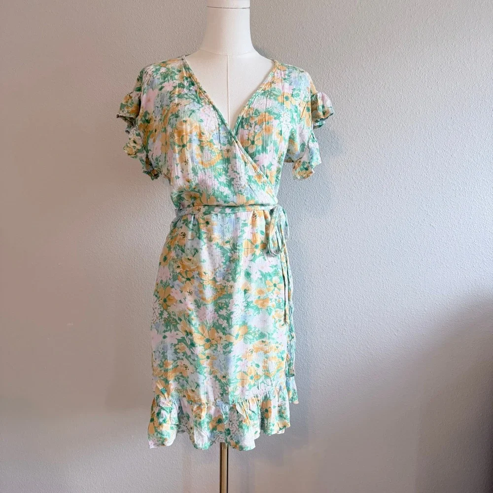 Billabong Floral Wrap Dress Ruffle Sleeve Summer Resort Womens Size Large - Picture 1 of 8